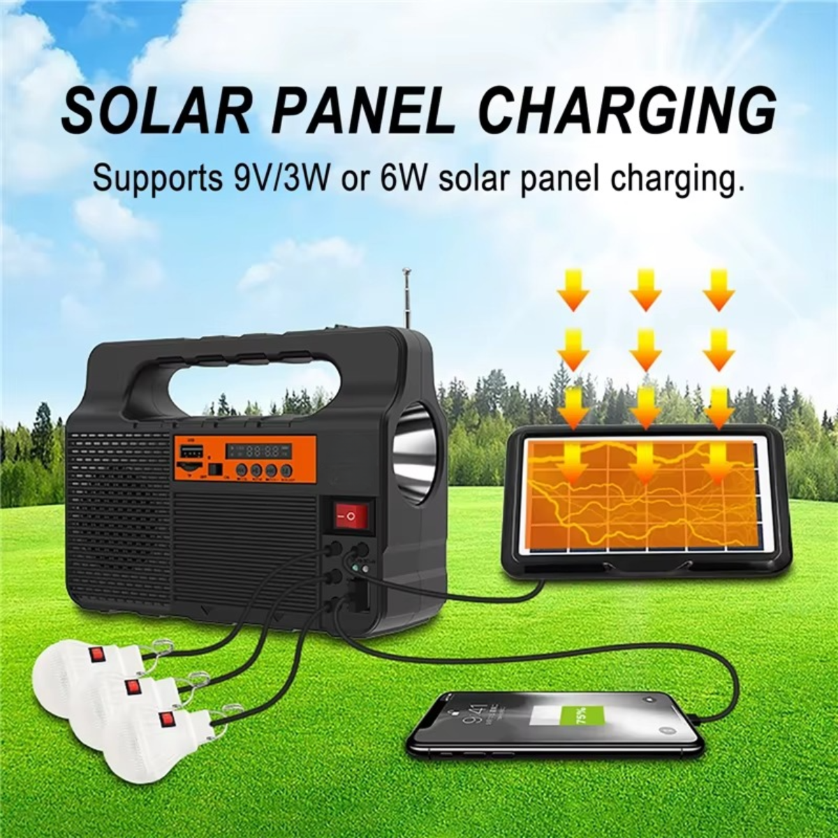 Portable Solar Generator Kit with 3 LED Bulbs